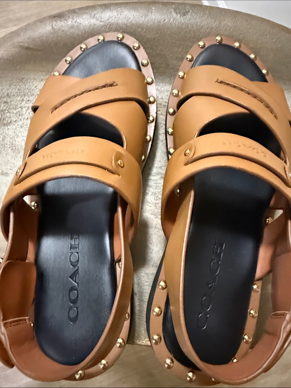 COACH Tan Leather Studded Slide Sandals with Black Footbed